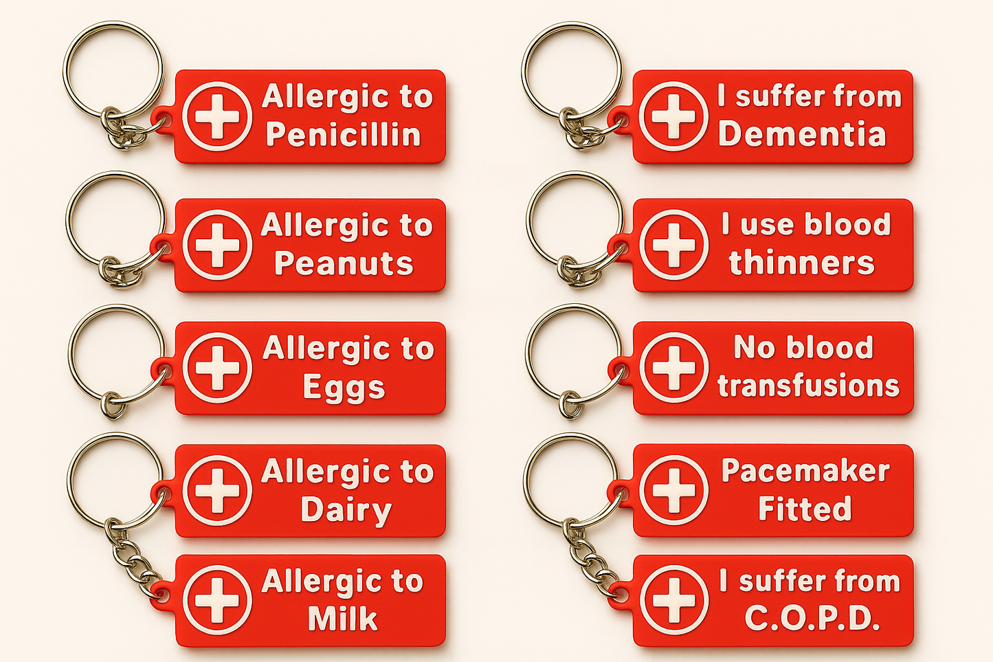 Medical Alert Keychain – Allergy & Medical Condition Emergency Tags (Red & White Safety Keyring)