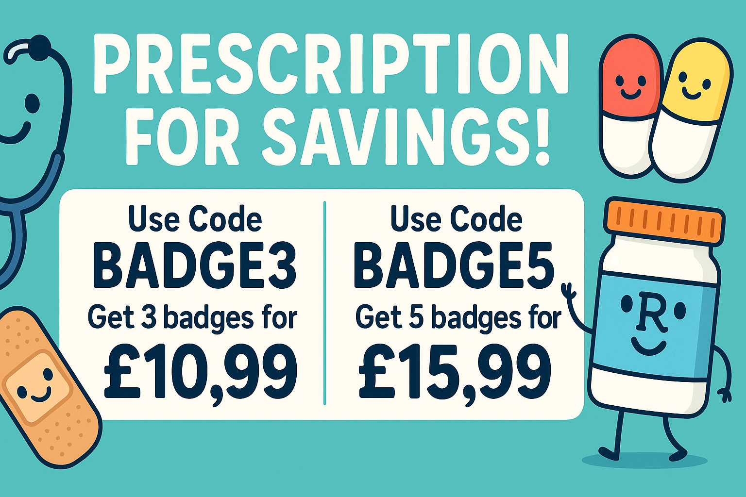Funny discount banner with BADGE3 and BADGE5 pricing details